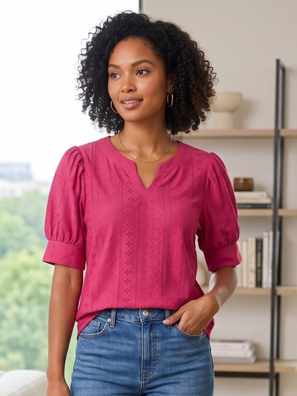 NWOT | Hot Pink Eyelet Tunic Top | Puff Sleeves | V-Neck | Size XL